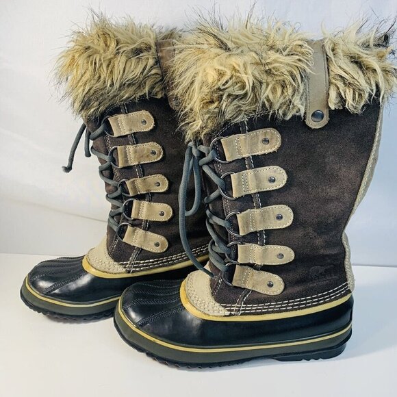 Sorel Boots Joan of Arctic Suede Faux Fur Snow Winter Women 7 Brown Mid Calf - Picture 1 of 16